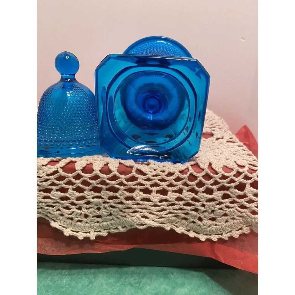 Blue Glass Lidded Apothecary Jar, Dot & Leaf Pattern, 10.5
